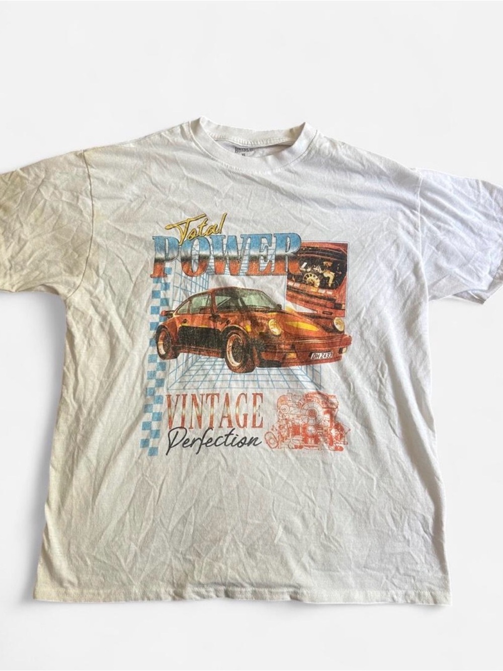 Porsche Design White Graphic Tee with Orange Car Print